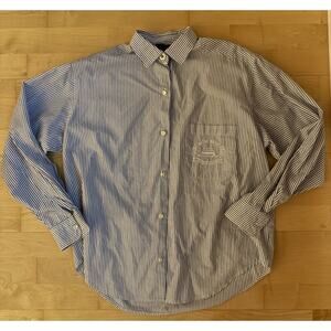 VTG British Khaki Blue White Striped Polo Logo Crest Embroidered 4